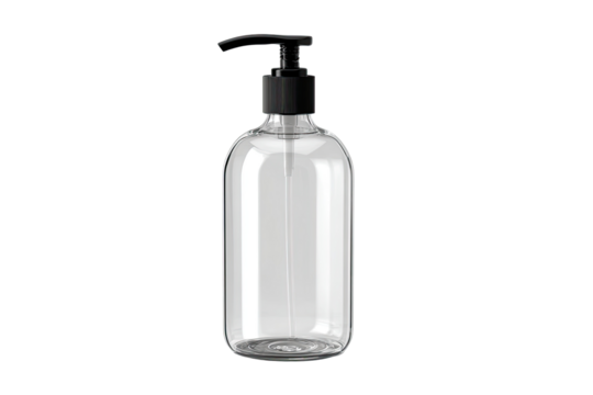 A transparent bottle with a black pump dispenser against a dark background