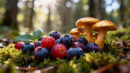 Sunny forest landscape featuring a cluster of wild mushrooms and ripe blueberries on a mossy bed. Nature background for International Day of Forests.