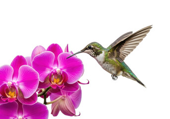 Obraz premium Hummingbird feeding on pink orchid isolated on transparent background