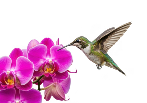 Hummingbird feeding on pink orchid isolated on transparent background
