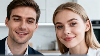Close-up portrait of a confident businessman and businesswoman smiling directly at the camera in a bright modern office environment. Teamwork concept.