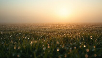 Low angle view of a grassy meadow covered in fresh dew drops during a foggy golden hour sunrise. Tranquil rural landscape.
