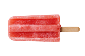 Overhead close-up of a rectangular, pink popsicle with a wooden stick, on a black background