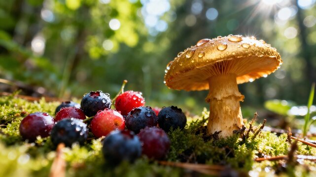 Close-up of a wild mushroom covered in water droplets surrounded by fresh berries on green moss. Concept of biodiversity for International Day of Forests.