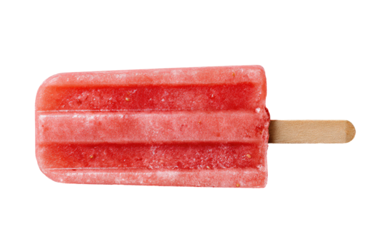Overhead close-up of a rectangular, pink popsicle with a wooden stick, on a black background