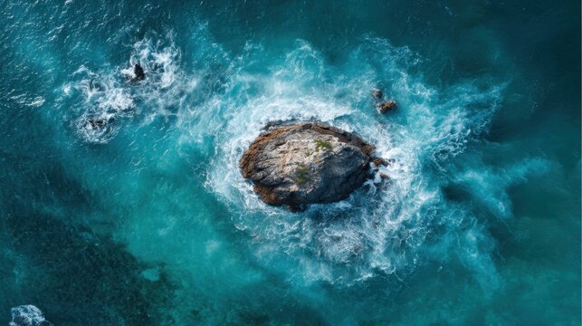 An aerial view captures a rocky island in the center of bright blue ocean waters. Waves crash around the island, creating a beautiful contrast against the vibrant sea. - Powered by Adobe