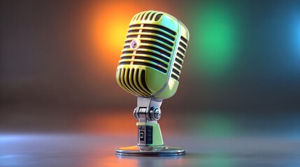 Lime green retro microphone on vibrant gradient background for music podcast live streaming and karaoke audio concept