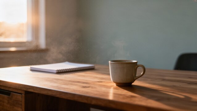 Hot cup of coffee with steam on a wooden workspace table next to a notebook and pen. Morning sunlight streams through a window.