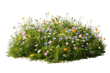 A vibrant patch of wildflowers in various colors growing amidst lush green grass