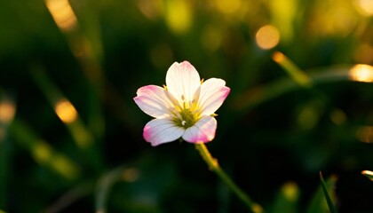Fototapeta premium Delicate white flower with pink tips illuminated by warm golden hour light, macro detail, bokeh background