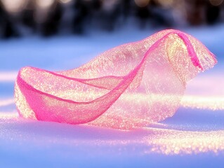 A piece of shimmering pink mesh fabric is artfully arranged on a blanket of snow, illuminated by soft light.