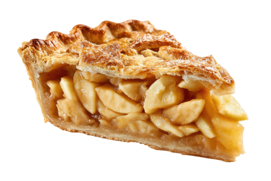 A golden-brown slice of apple pie with a flaky crust, showing a heap of cooked apples