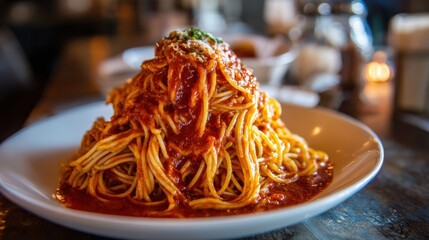 A generous serving of spaghetti topped with vibrant, flavorful tomato sauce sits on a white plate at a warmly lit restaurant. The ambiance creates a welcoming dining atmosphere.