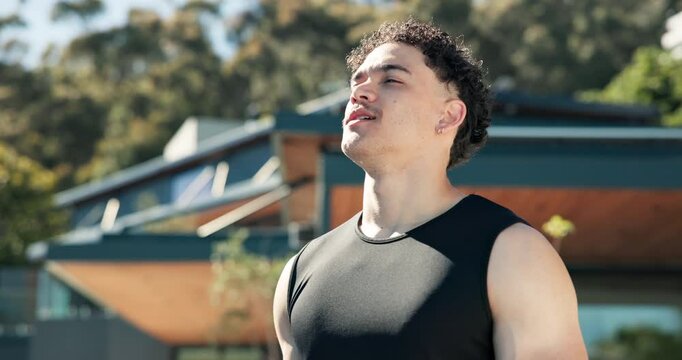 Drinking water, relax and fitness with man outdoor for calm, hydration or training recovery. Electrolyte drink, break and wellness with person at house for sports athlete, exercise and mineral liquid