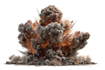 A dynamic explosion with billowing grey smoke, flames, and debris against a black background