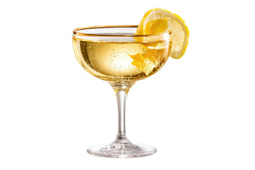 Coupe glass filled with a bubbly, golden cocktail garnished with a lemon twist and slice
