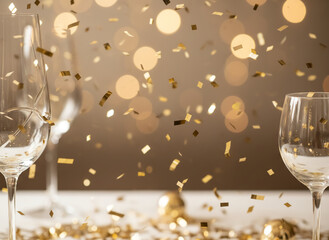 A close-up view of sparkling golden confetti is shown floating in the air