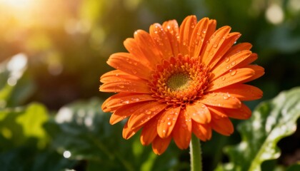 Vibrant orange gerbera daisy with dew drops glistens in soft golden morning sunlight, macro detail, shallow depth of field, refreshing nature, spring bloom, botanical beauty for design