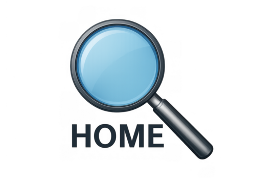 Magnifying glass searching for home, representing real estate property search, housing market, and finding a new house