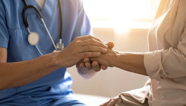 Medical Professional Comforting Patient in Blue Scrubs with Stethoscope Offering Support and Care Holding Hands in Warm Sunlight in Healthcare Setting - Powered by Adobe