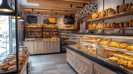 Spanish bakery shop with showcase full of fresh baked goods