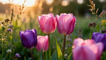 Fototapeta premium Soft Pink and Purple Tulips with Dew Drops at Golden Hour Sunrise Soft Focus Bokeh