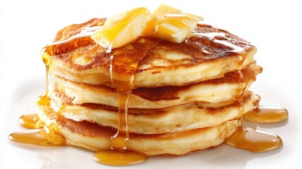 A stack of fluffy pancakes is served on a white plate, topped with melting butter and drizzled with syrup, creating a tempting breakfast dish perfect for a family meal.