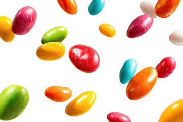 Colorful, glossy, oblong candies of various hues float against a stark black background