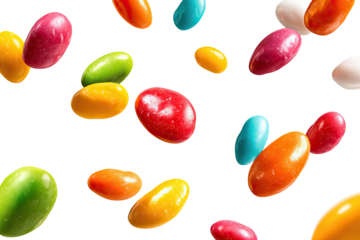 Colorful, glossy, oblong candies of various hues float against a stark black background