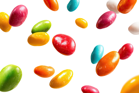 Colorful, glossy, oblong candies of various hues float against a stark black background