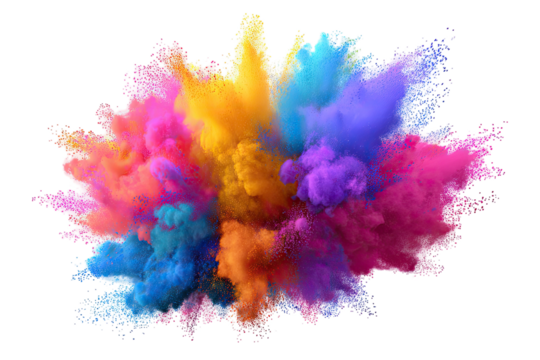 Vibrant explosion of colorful powder, blending various hues, against a stark black background