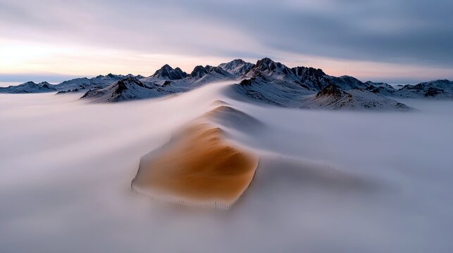 A vast desert landscape is shrouded in dense fog, with snow-capped mountains rising majestically in the background under a soft sunrise sky. - Powered by Adobe