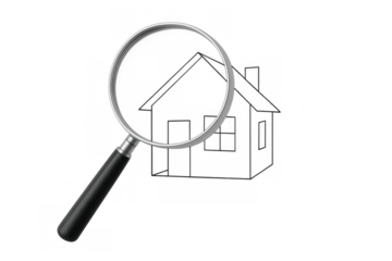 Magnifying glass examining a line art house drawing, illustrating concepts of home search, property investment, or architectural planning