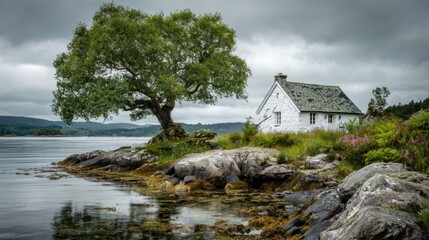 A charming white cottage stands by the edge of a calm lake, surrounded by rocky shores and a single large tree. Overcast skies create a tranquil atmosphere.