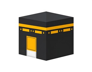 Isometric illustration of a black cubic structure with gold detailing and a yellow door on white