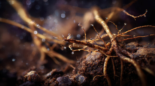 Macro roots with dew drops in fertile soil, close-up of organic natural texture