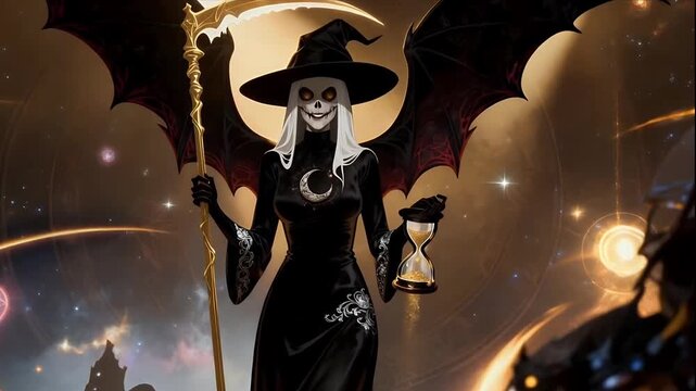 Lunar Lich Witch: Bat-Winged Sorceress with Crescent Staff & Hourglass