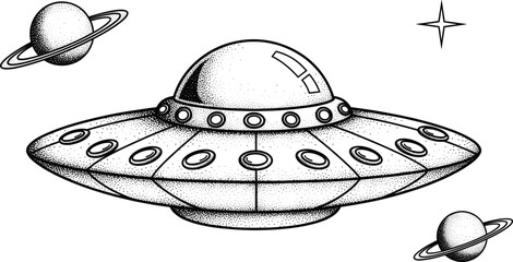 Retro UFO flying saucer illustration, black and white vector, stippling texture, space scene with planets, stars, sci-fi, extraterrestrial concept