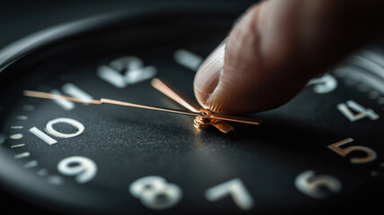 A close-up view of a hand adjusting the time on an analog clock