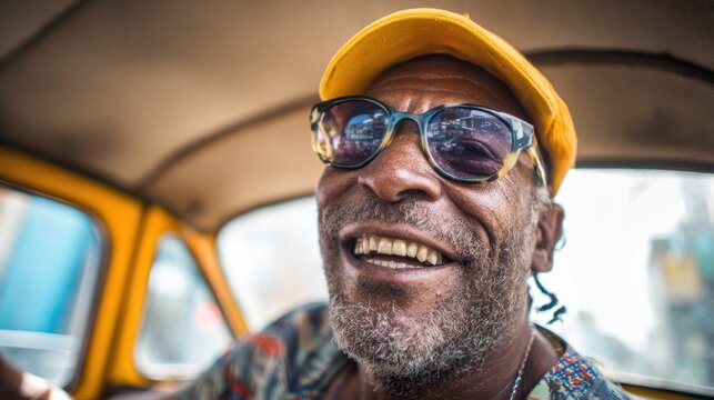 An elderly man with a joyful expression drives a vintage vehicle. He wears sunglasses and a yellow hat, surrounded by colorful scenery, reflecting a lively atmosphere.