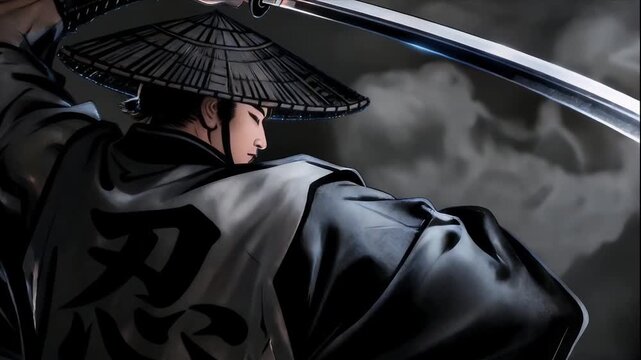 Shadowed Ronin: Samurai Warrior with Katana Under Moonlit Clouds