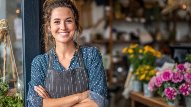 A florist smiles joyfully while standing in her flower shop filled with colorful blooms.