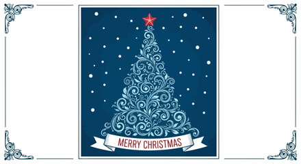 Elegant Christmas Tree Illustration with Star and Merry Christmas Banner in a Snowy Night Scene