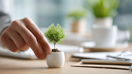 Nurturing new life: A tiny tree being carefully held in a hand, symbolizing growth and environmental care