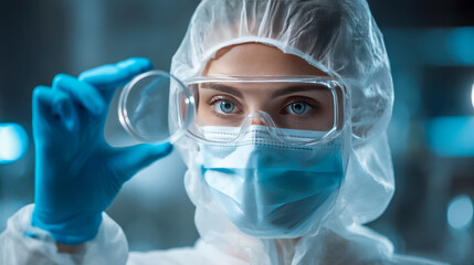 Focused female scientist in full protective gear holding glass bowl, modern laboratory research environment
