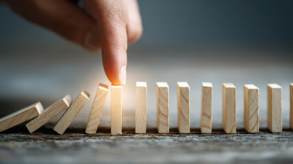 A close-up shot captures a hand initiating a domino effect. Wooden dominoes are lined up and ready to fall, creating a sense of anticipation and the start of a chain reaction