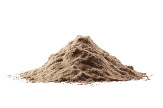 Isolated pile of fine, beige powder against a stark black background