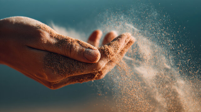 The moment of sand flowing away from the open hand, a concept of time or loss. The focus on the hand showcases the sand's delicate texture and movement