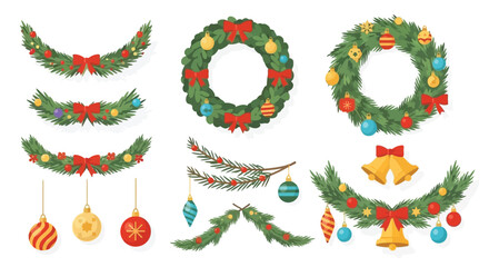 Festive Holiday Decorations Christmas Garlands, Wreaths, and Ornaments in a Vector Illustration