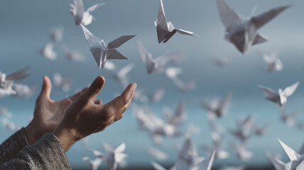 A person's hands releasing origami doves into the sky, symbolizing freedom and hope. The scene is bathed in a soft light, enhancing the sense of peace